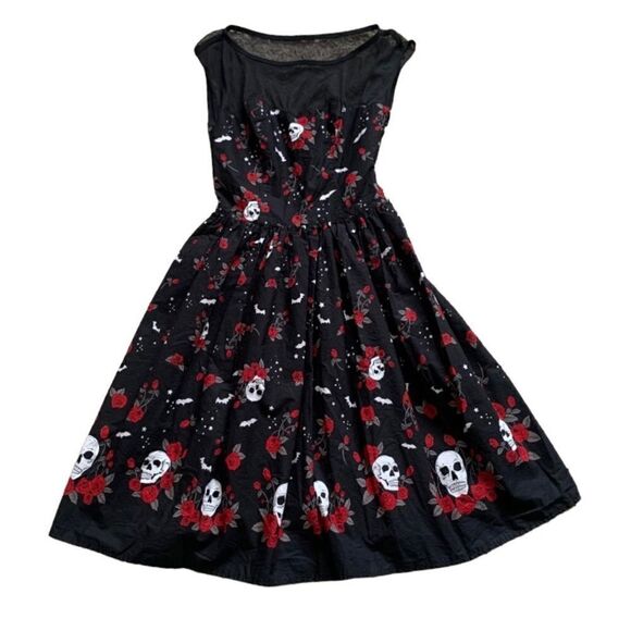 Hell Bunny Aconite Rockabilly Skull & Roses Midi Swing Dress Size XS - Picture 1 of 14